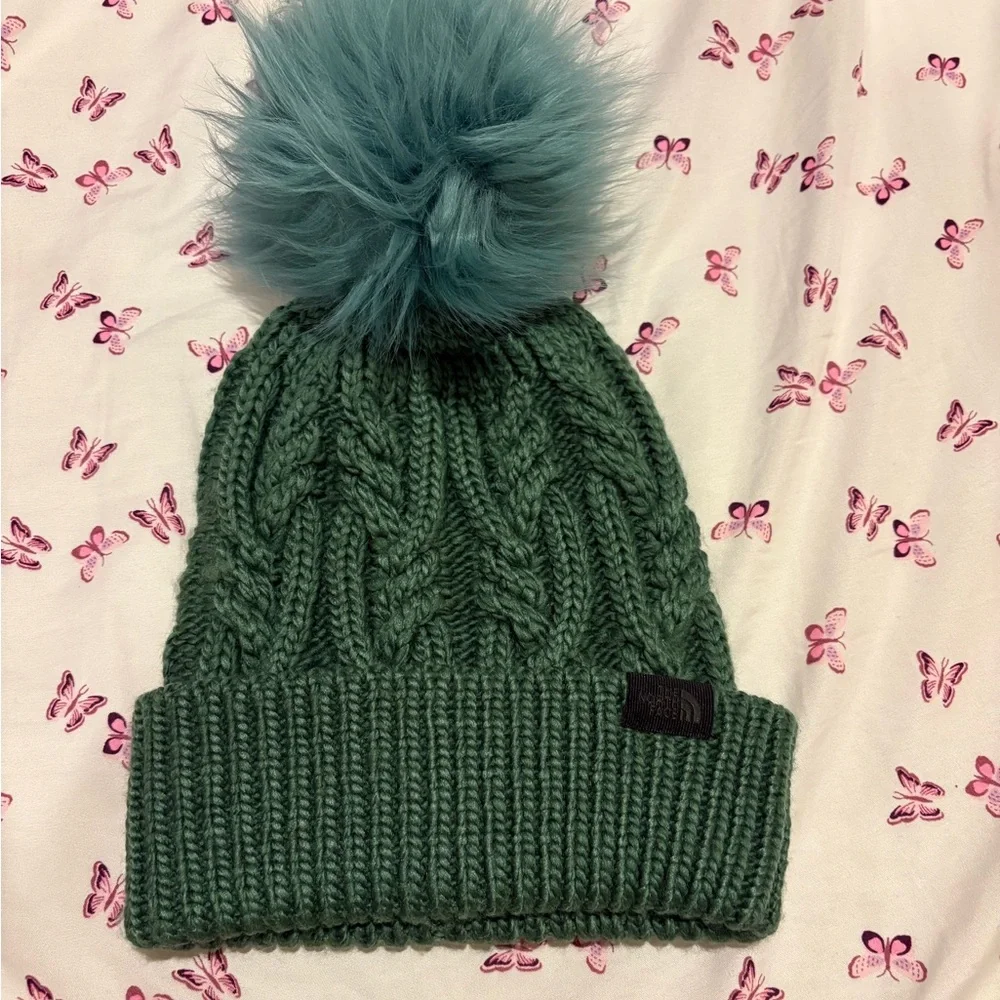 The North Face Green Cable Knit Beanie with Pom-Pom - Picture 1 of 3